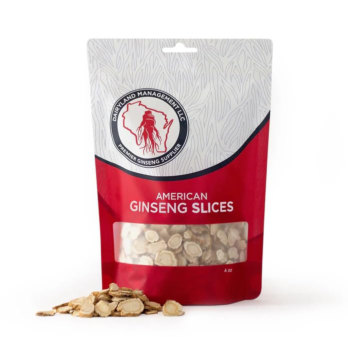 Dairyland American Ginseng Slices packaging highlights Wisconsin origin and Non-GMO quality.