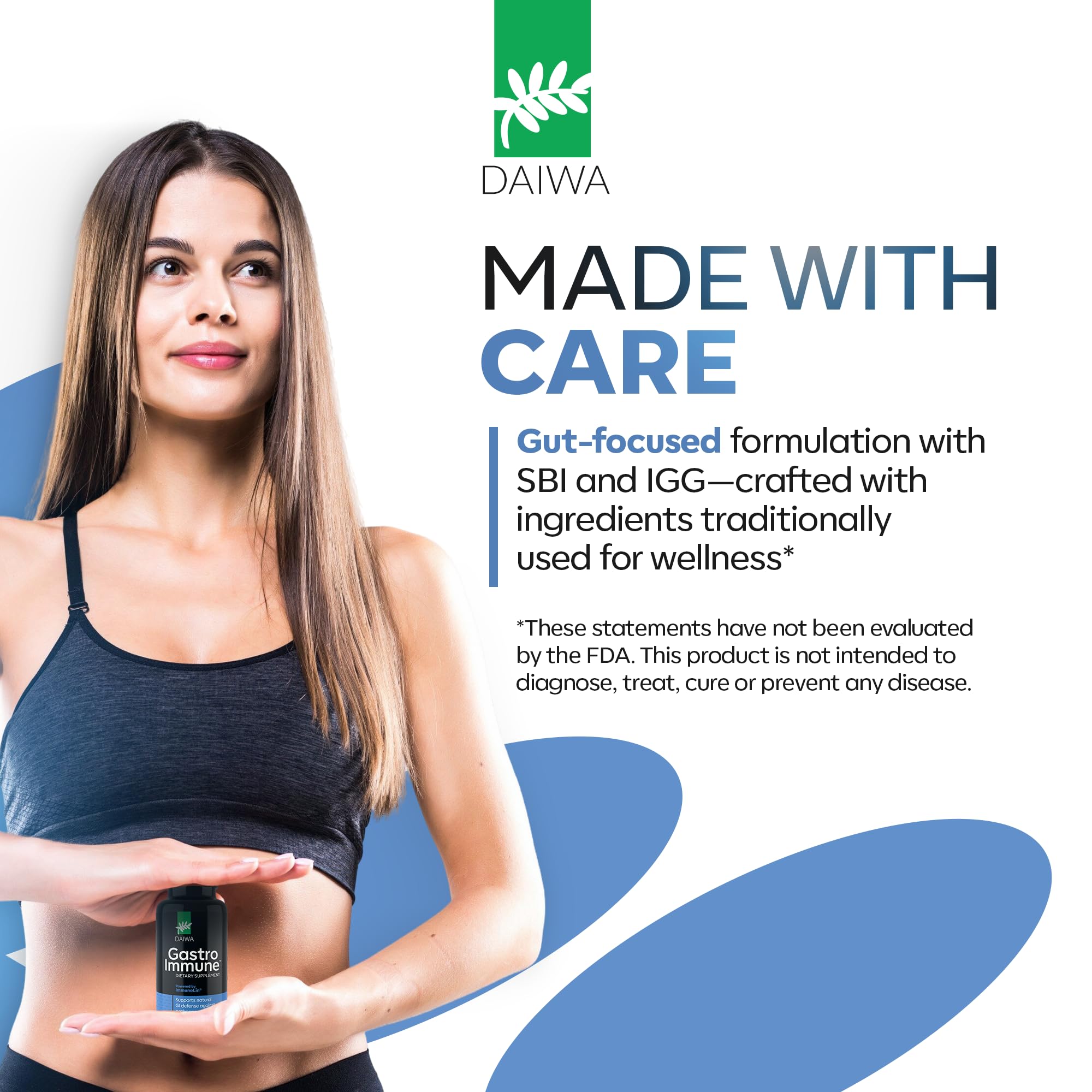 Daiwa GastroImmune bottle with glass conveys daily wellness ritual.