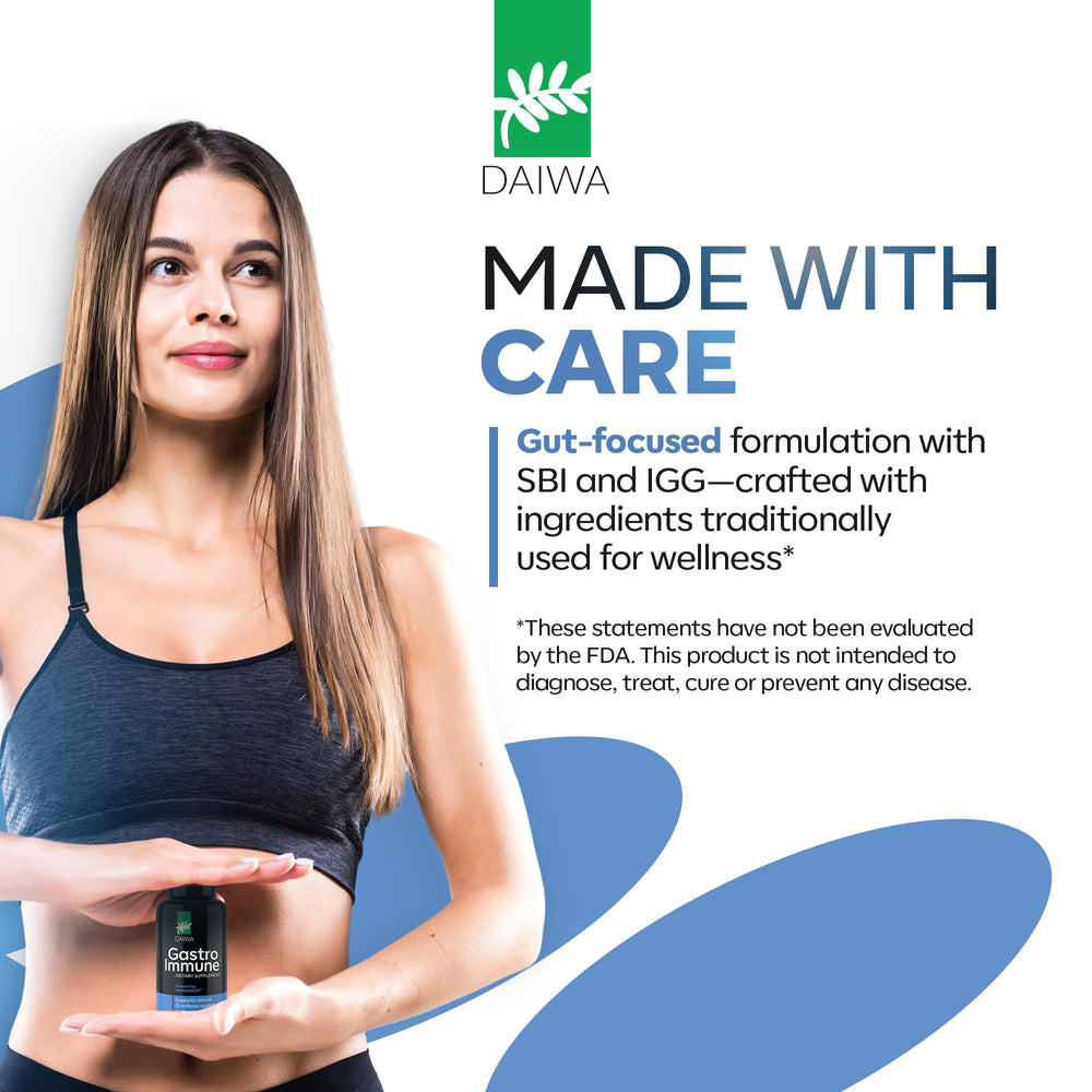Daiwa GastroImmune bottle with glass conveys daily wellness ritual.