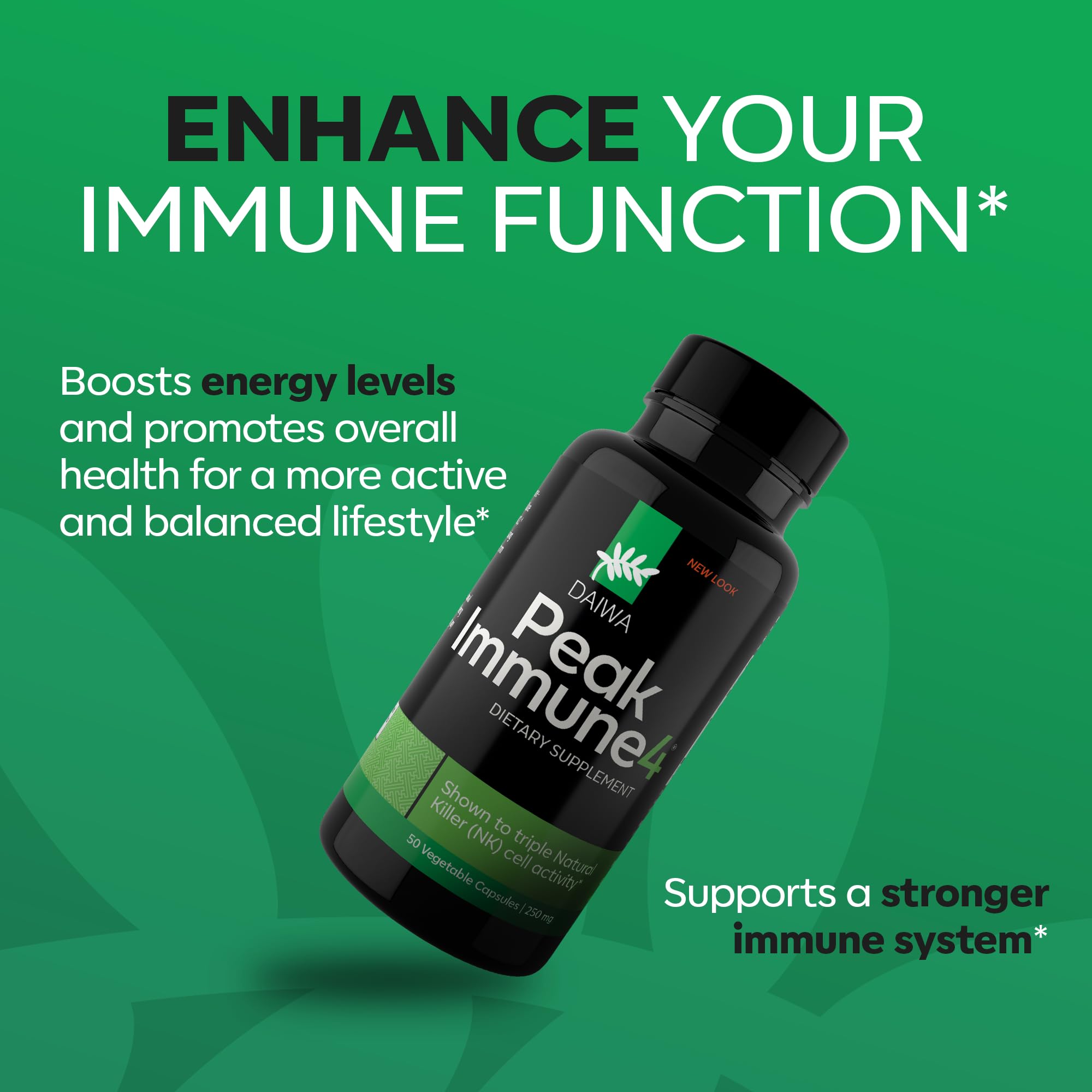 Daiwa PeakImmune4 bottle with a clear ingredient list for transparency.