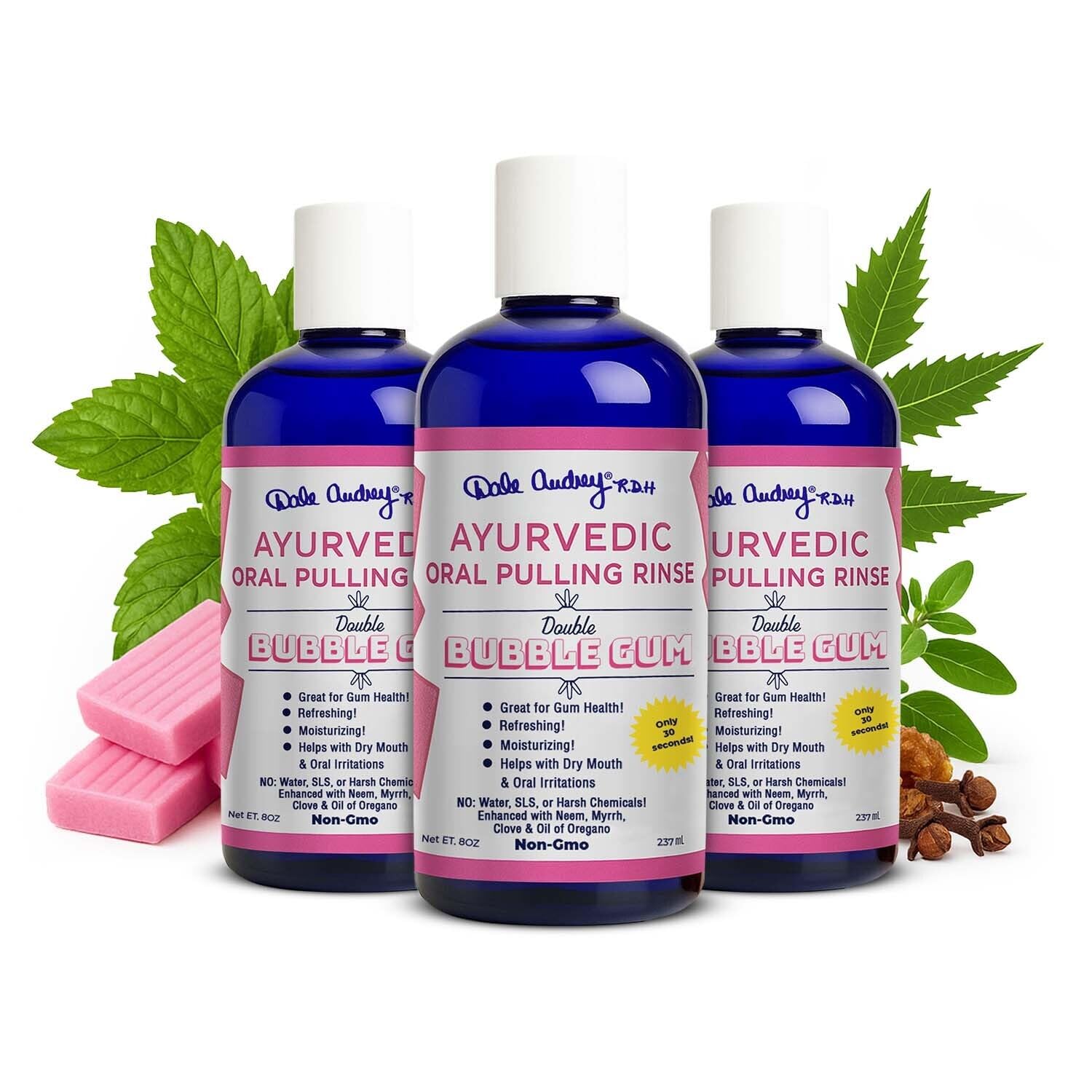 Dale Audrey Bubble Gum oil pulling bottle for refreshing breath.