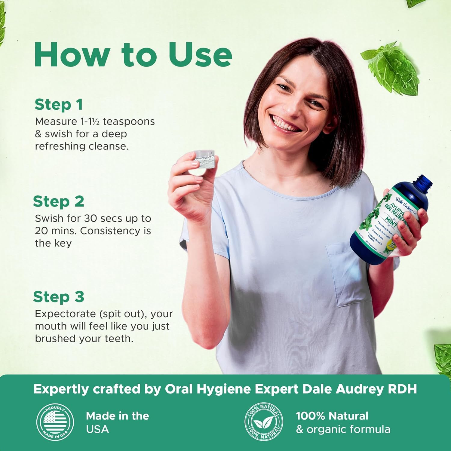 Dale Audrey three-pack oil pulling mouthwash bottles on display.