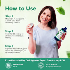 Dale Audrey three-pack oil pulling mouthwash bottles on display.