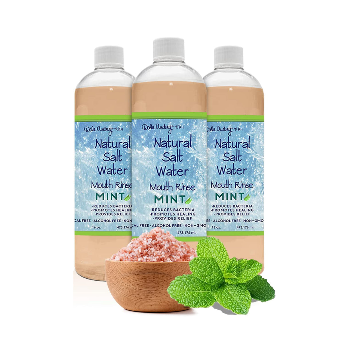 Dale Audrey saltwater mouth rinse bottle front with mint flavor for fresh breath