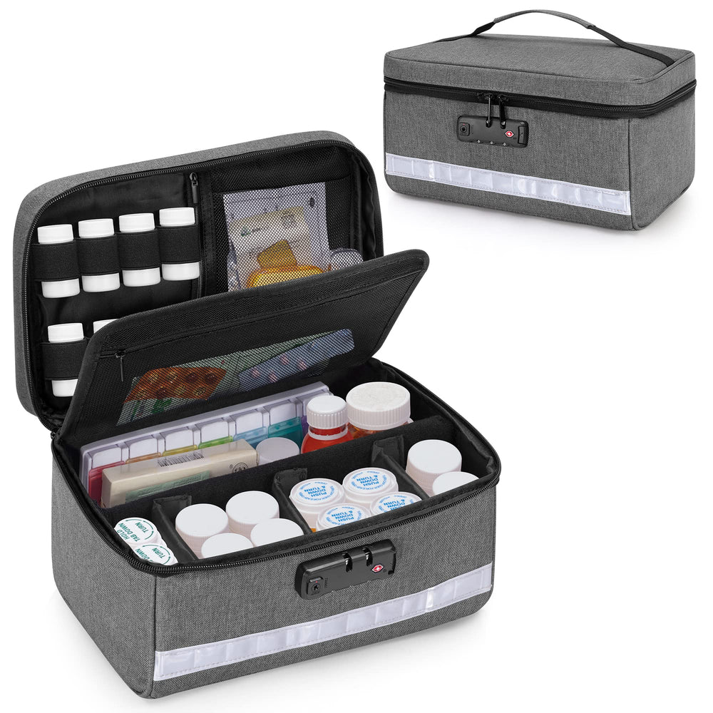 Damero locking pill organizer with dividers, top view, modular storage for pills