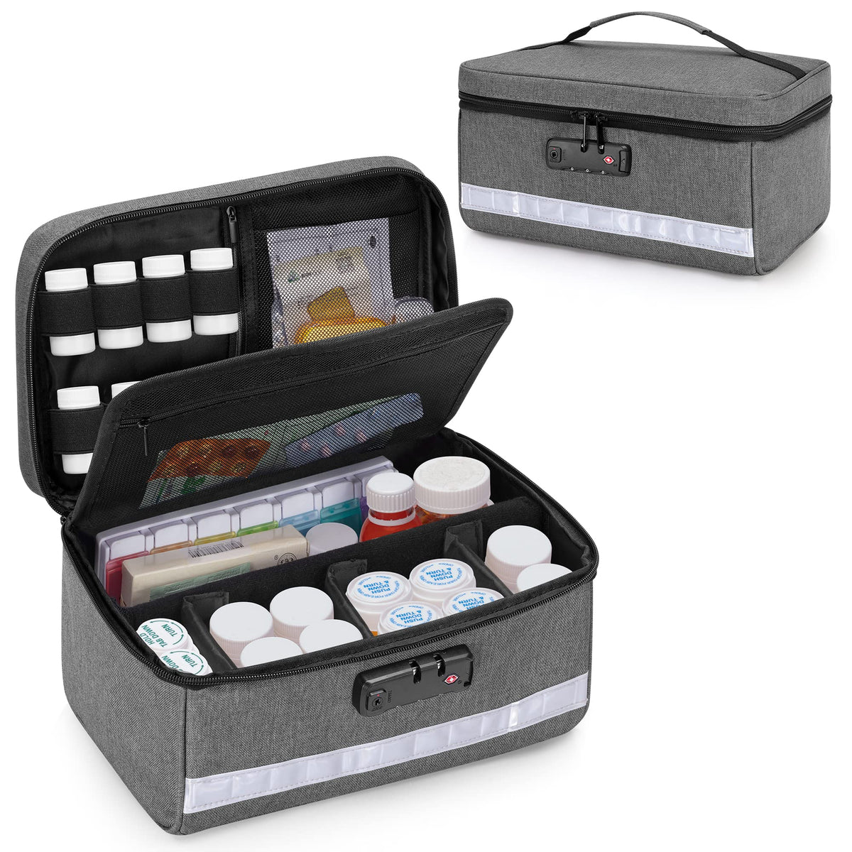 Damero locking pill organizer with dividers, top view, modular storage for pills