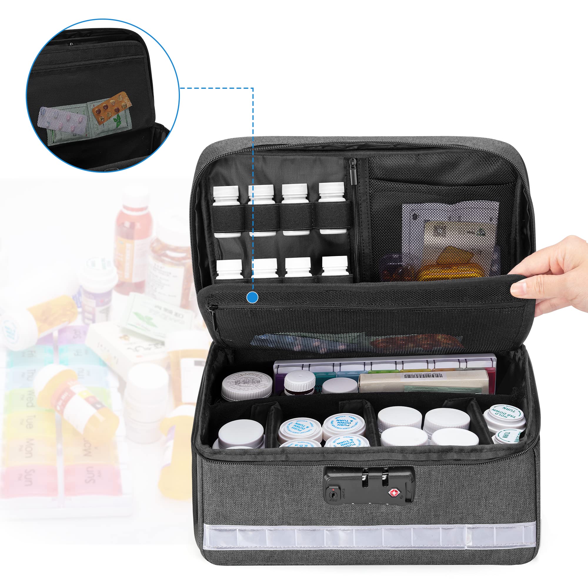 Damero pill bottle elastic pockets keep bottles secure and upright