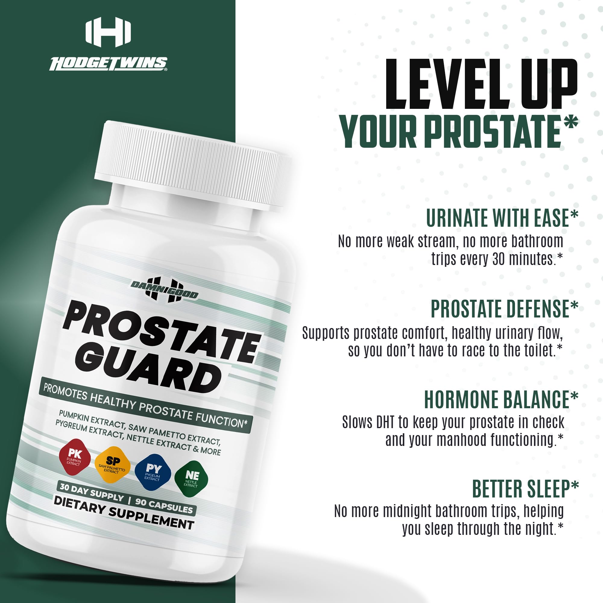DAMN GOOD Hodge Twins Prostate Guard bottle side label highlights key ingredients.