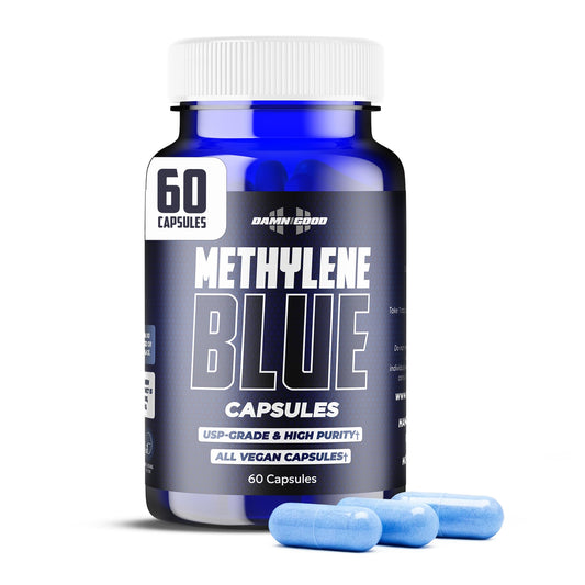 DAMN GOOD Hodge Twins capsules bottle shows high-purity 10 mg methylene blue for potential focus