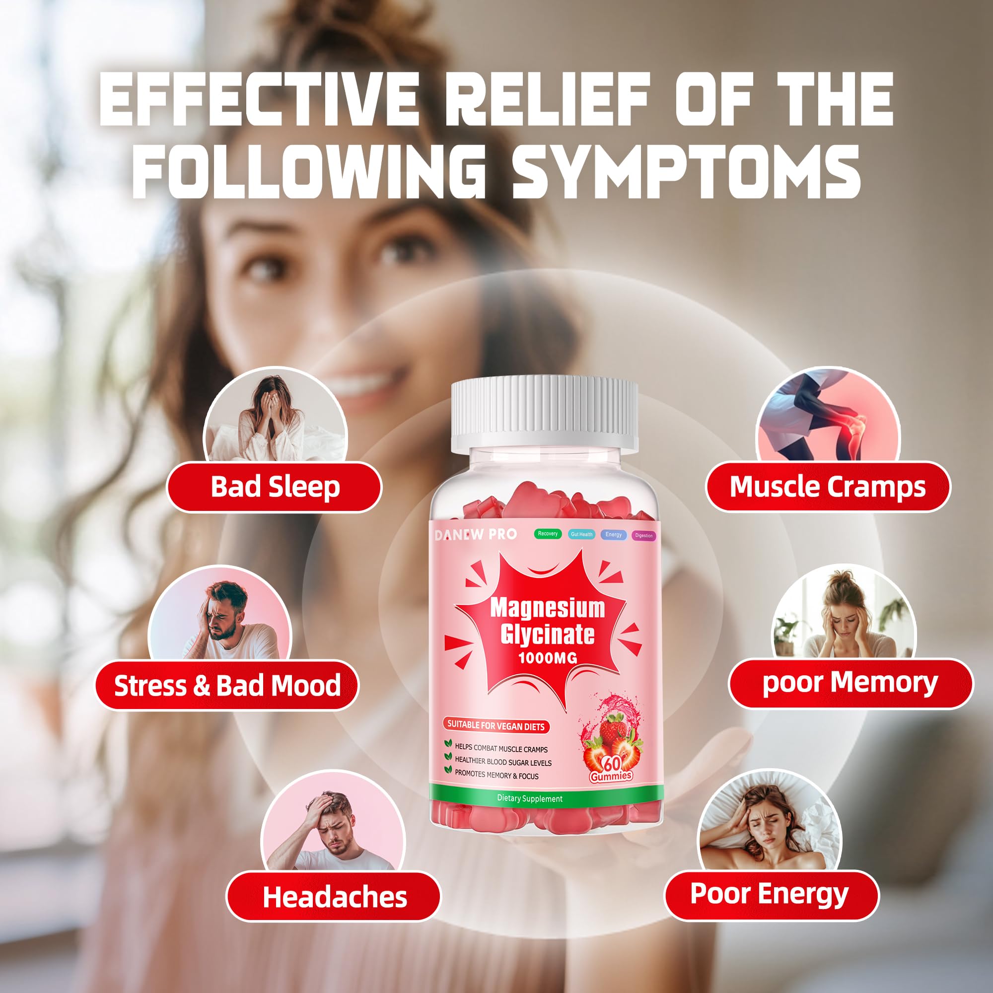 Close-up label of DANEW Pro gummies shows ingredients and dosage guidance.