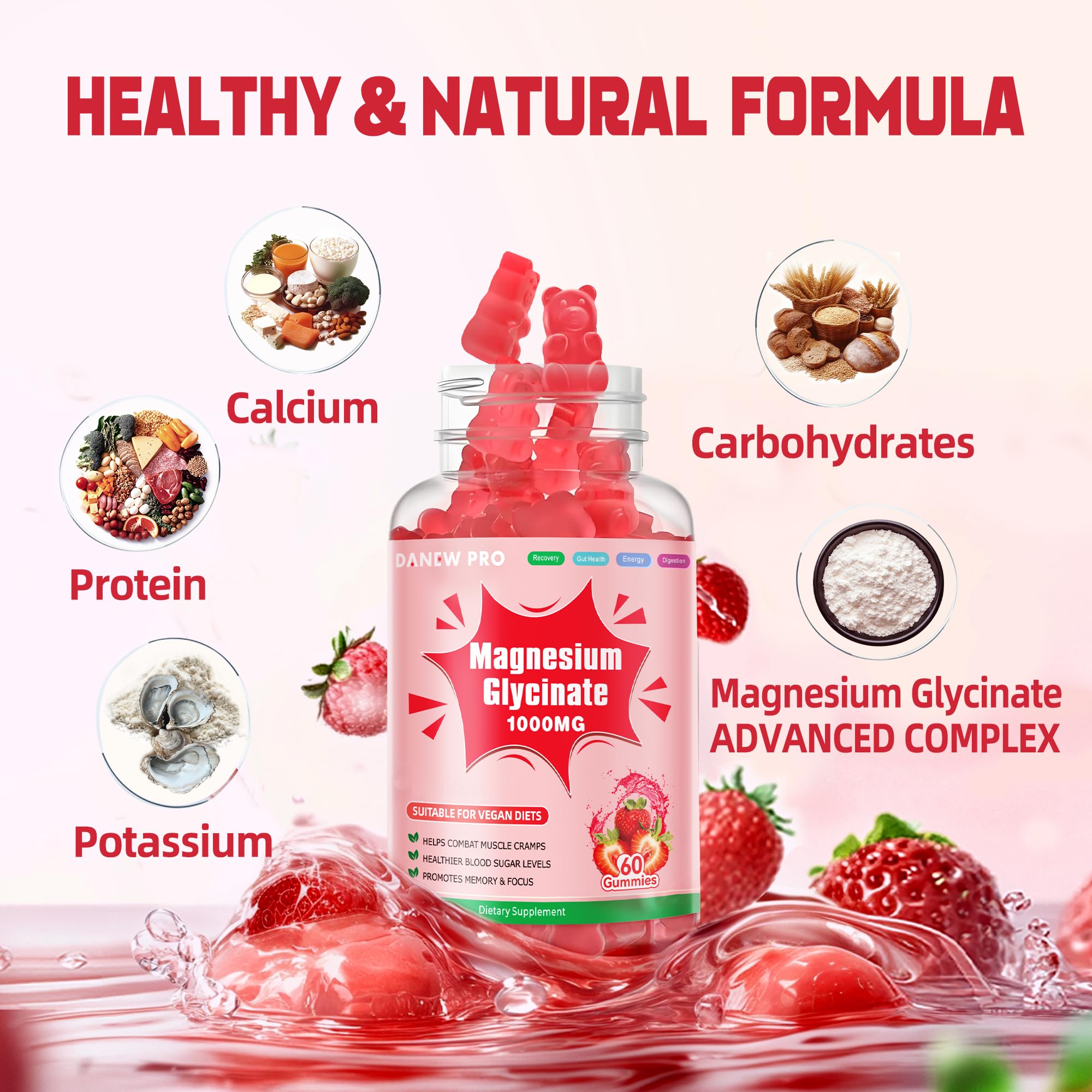 DANEW Pro magnesium glycinate gummies strawberry flavor, tasty daily wellness option.