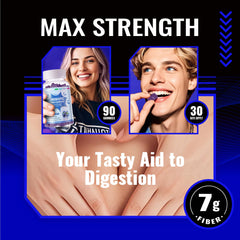 DANEW Pro blueberry gummy closeup emphasizes zero sugar and fruit-derived fiber.