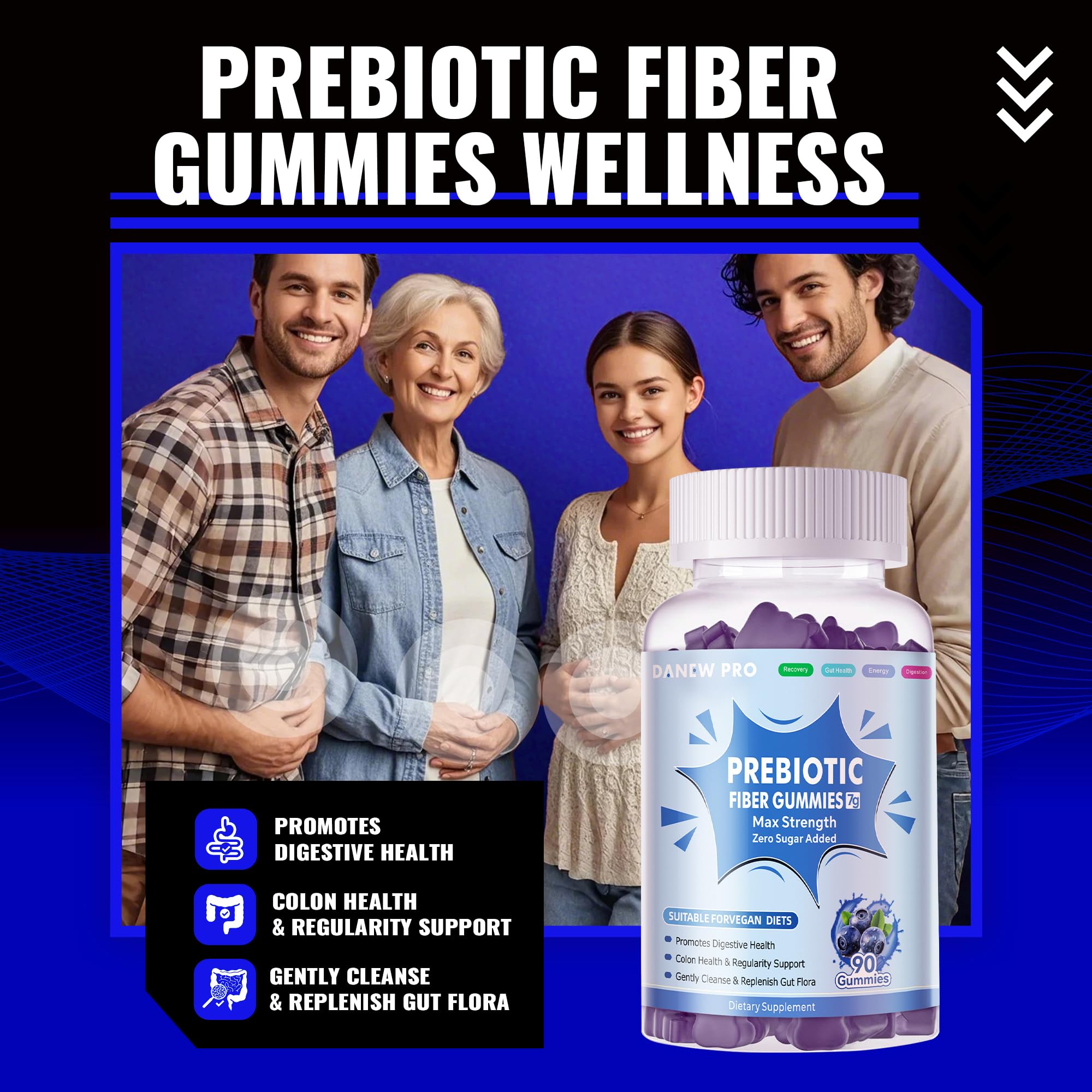 DANEW Pro prebiotic gummies pouring from bottle for convenient daily fiber.