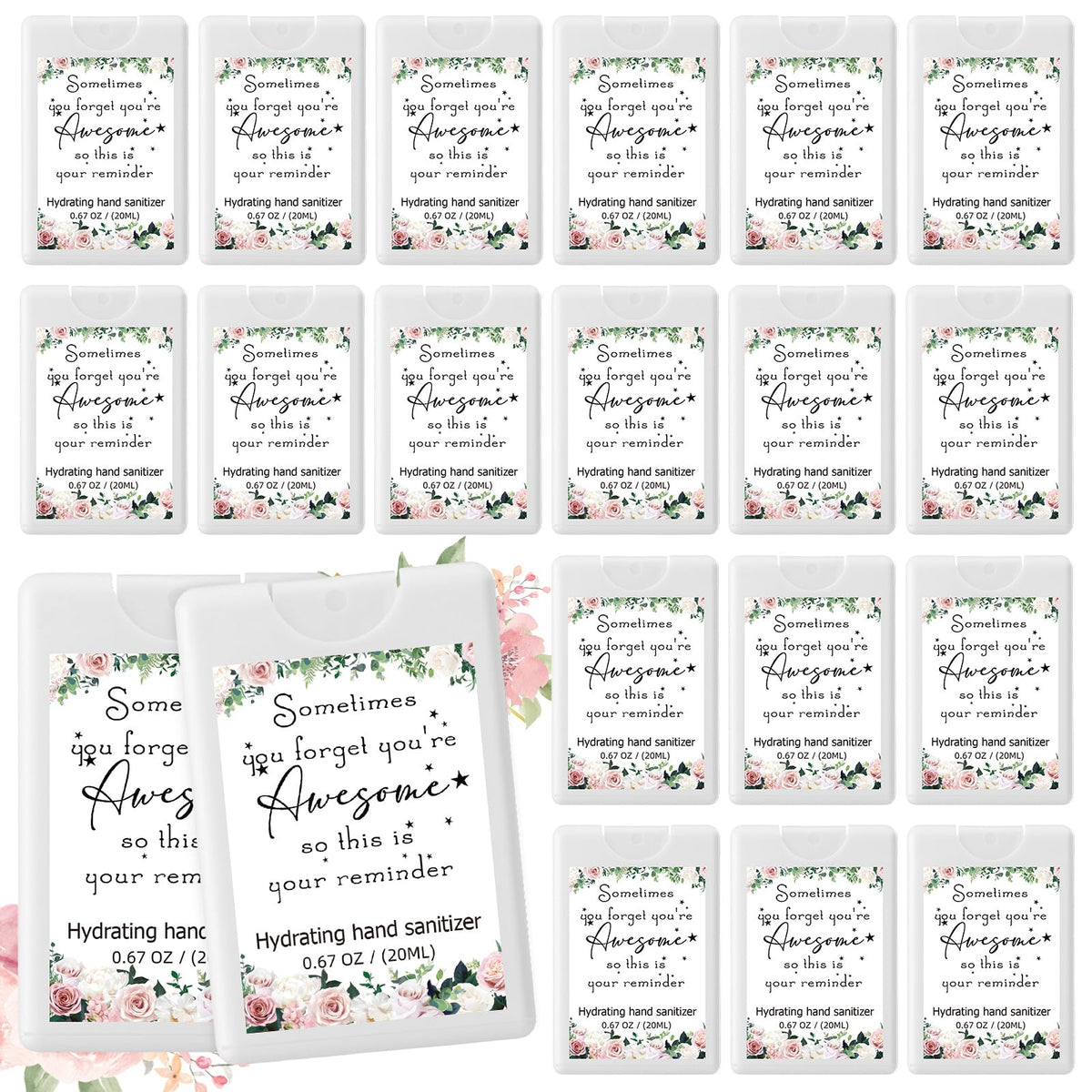 Dansib 24-pack travel hand sanitizer sprays with inspirational messages for gifting and daily cleanliness.