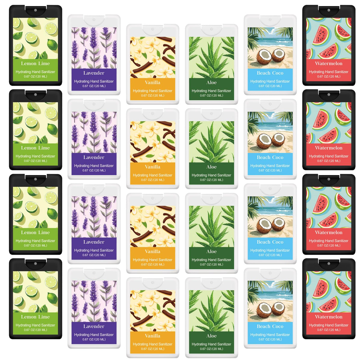 Dansib 24-pack mini hand sanitizer sprays arranged for bulk gifting.