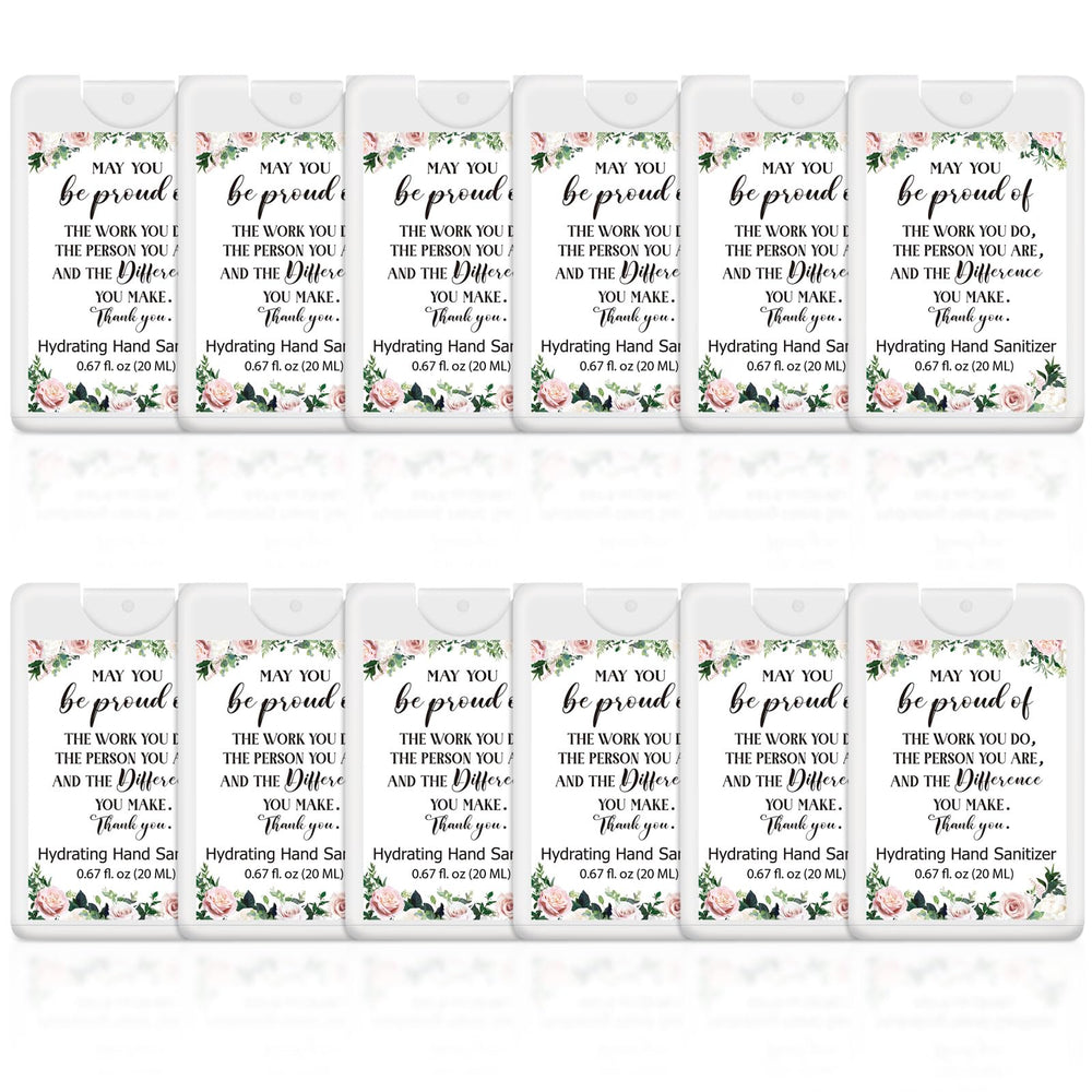 Dansib 24-pack travel hand sanitizer sprays with inspirational Thank You messages for gifting.