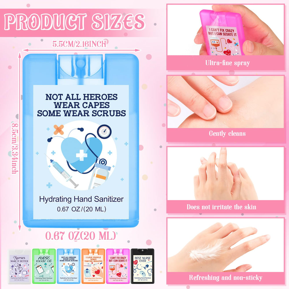 Dansib Nurse Sanitizer Spray label close-up showing multicolor design and six scents.