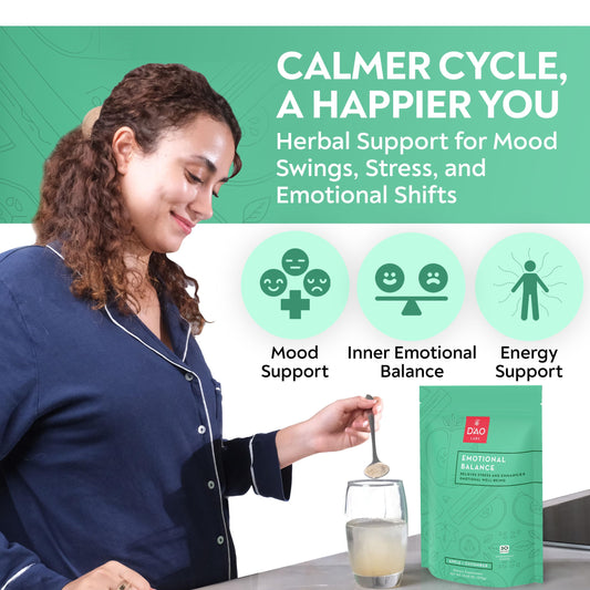 DAO Labs Emotional Balance effervescent dissolving in water for refreshment.
