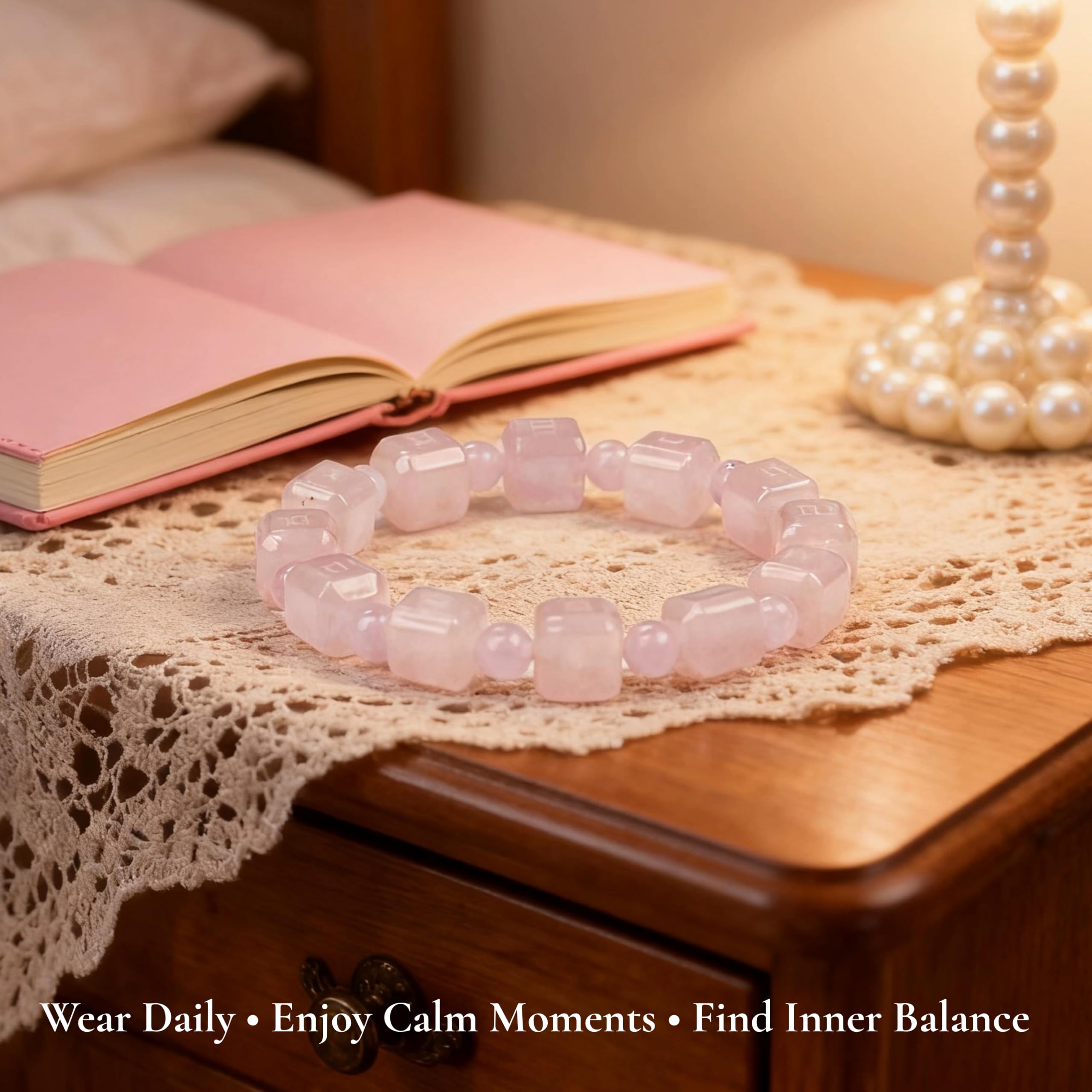 Dare to Mystic handcrafted rose quartz bracelet with smooth pink stone.