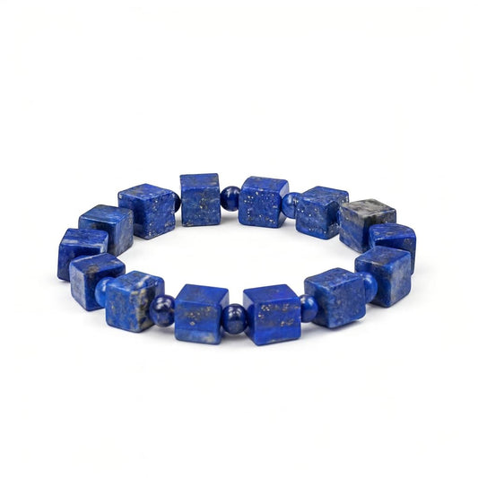 Dare to Mystic lapis cube bracelet square-cut detail highlights geometric elegance.