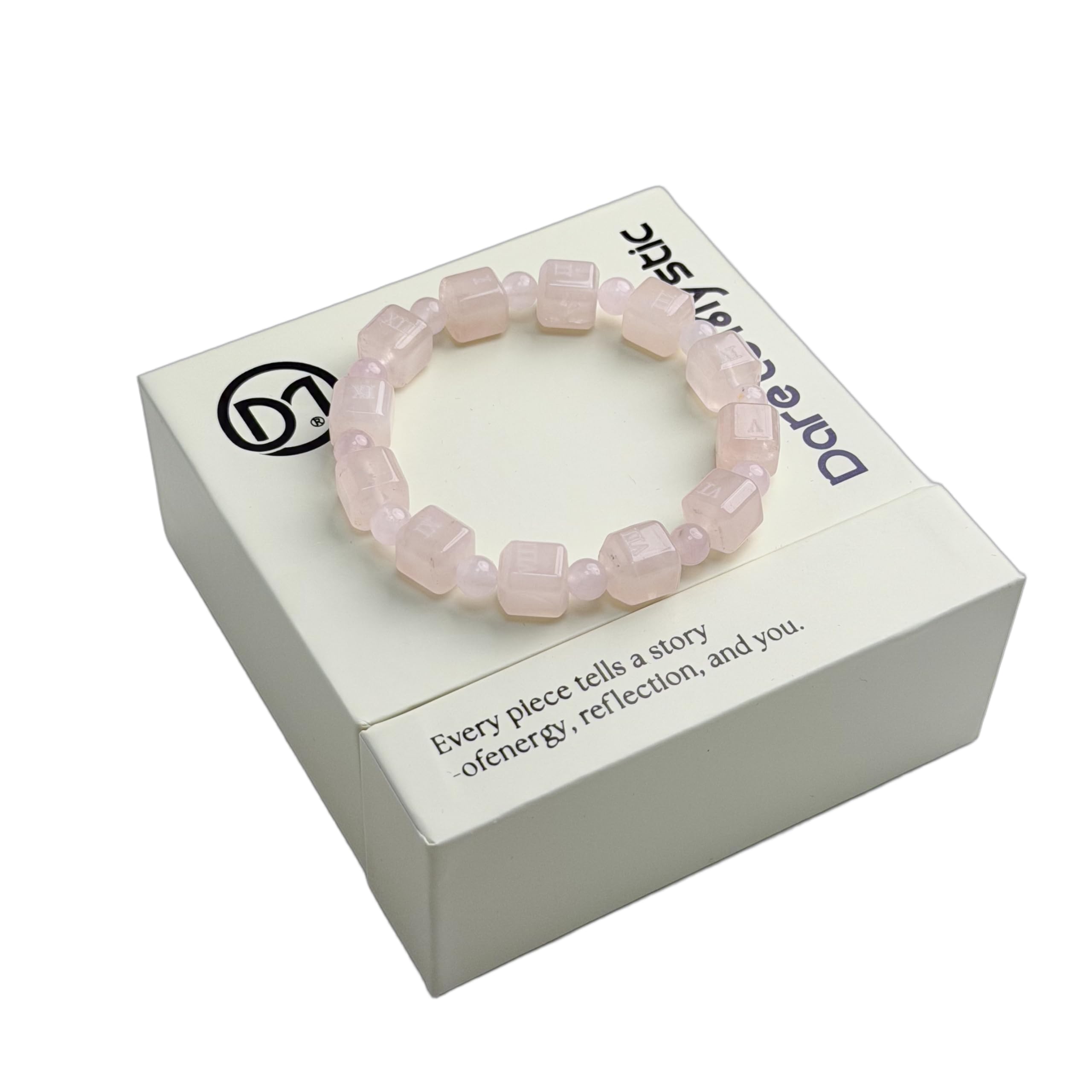 Dare to Mystic rose quartz Roman numeral beads highlight time-inspired design.