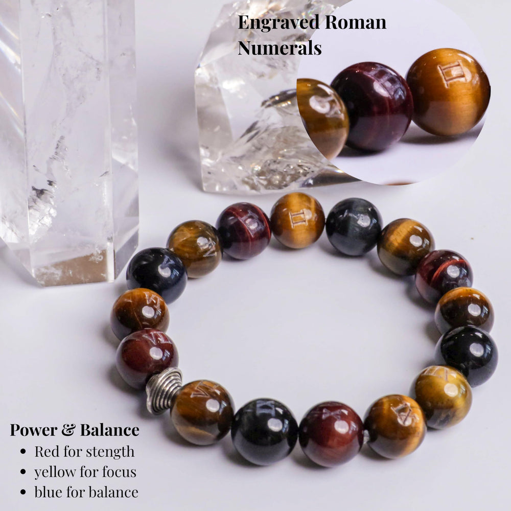 Dare to Mystic tiger eye bracelet blue bead supports calm focus and momentum.
