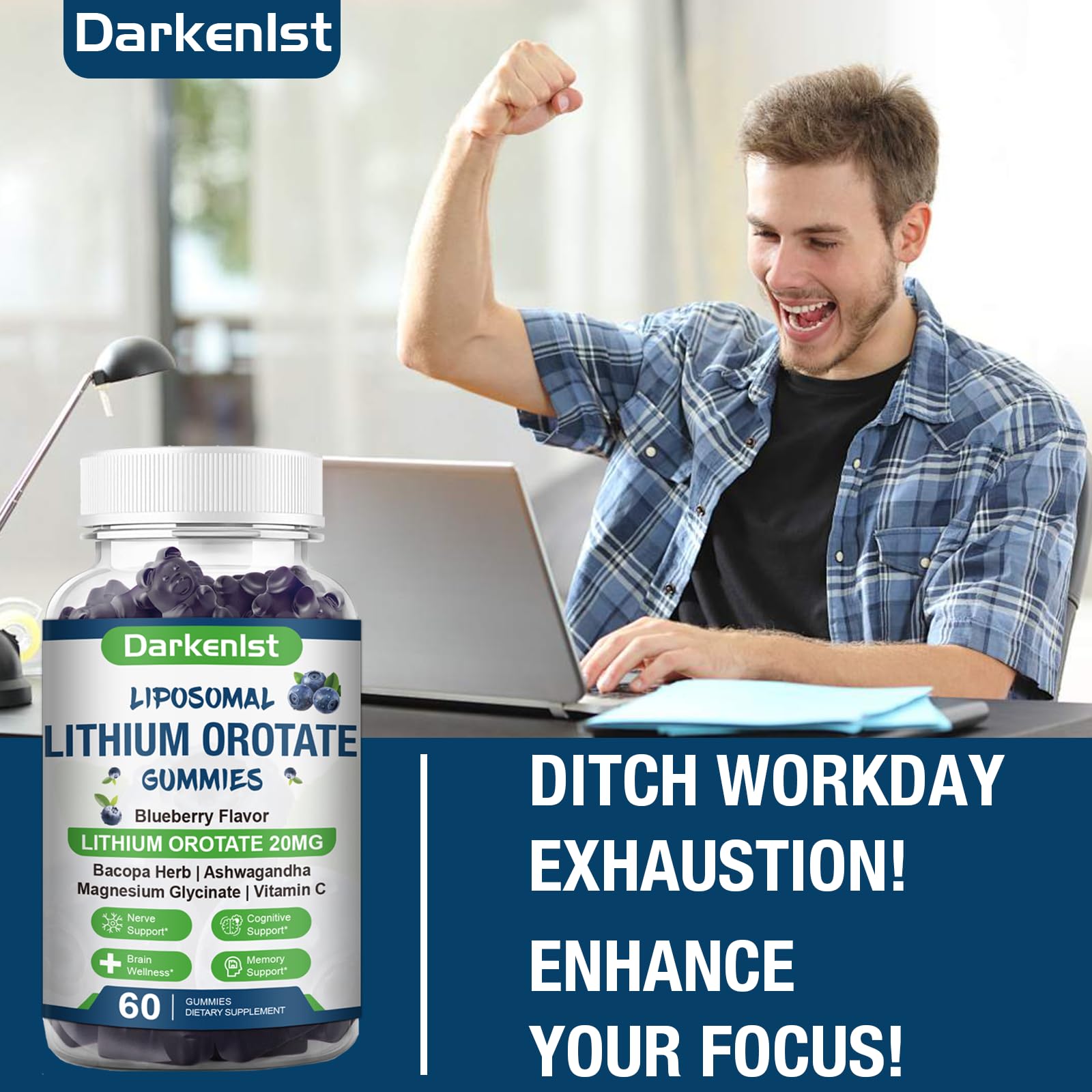 Darkenlst gummy in a morning routine scene suggesting steady focus during busy days.
