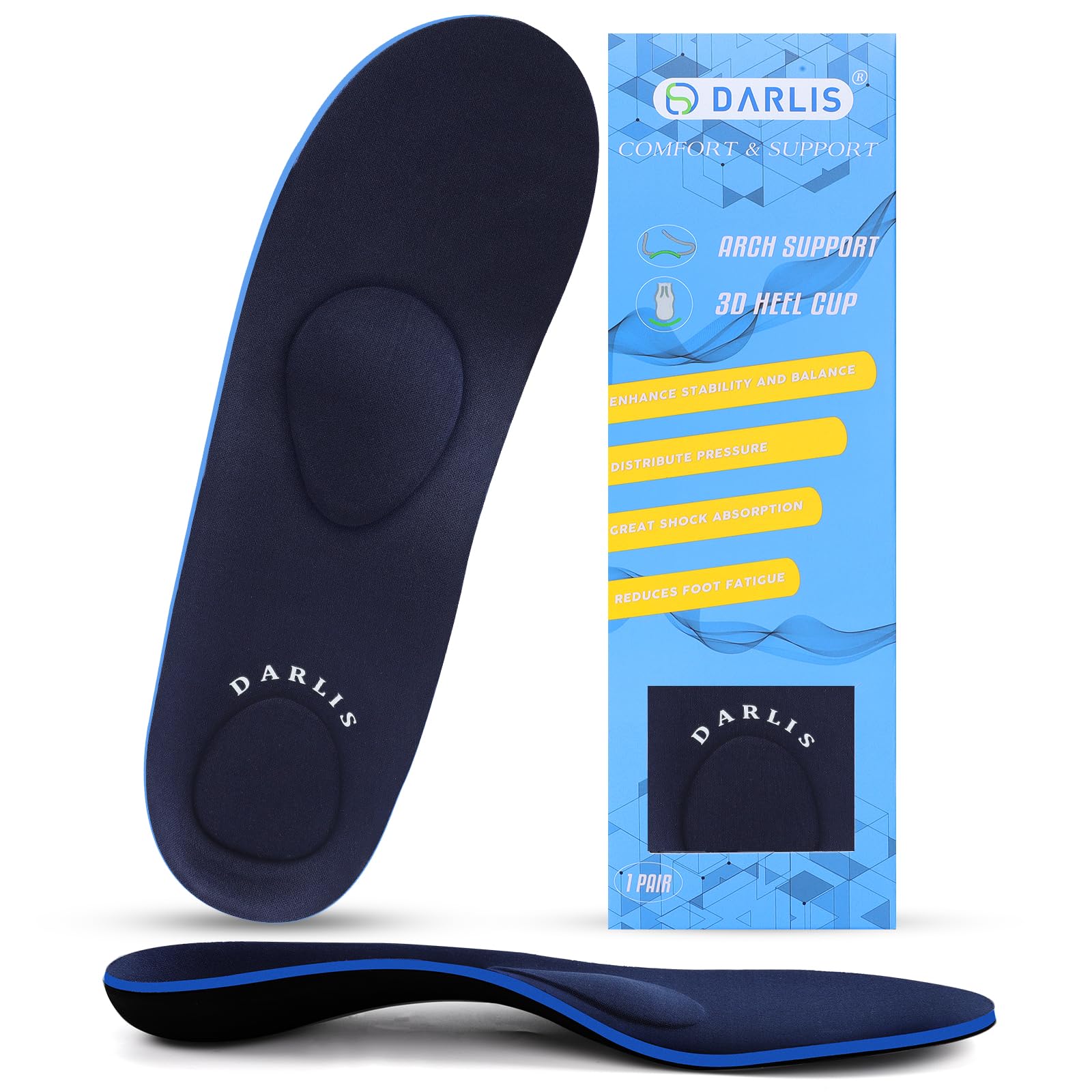  DARLIS arch-support insole with metatarsal pad distributes pressure for comfort.