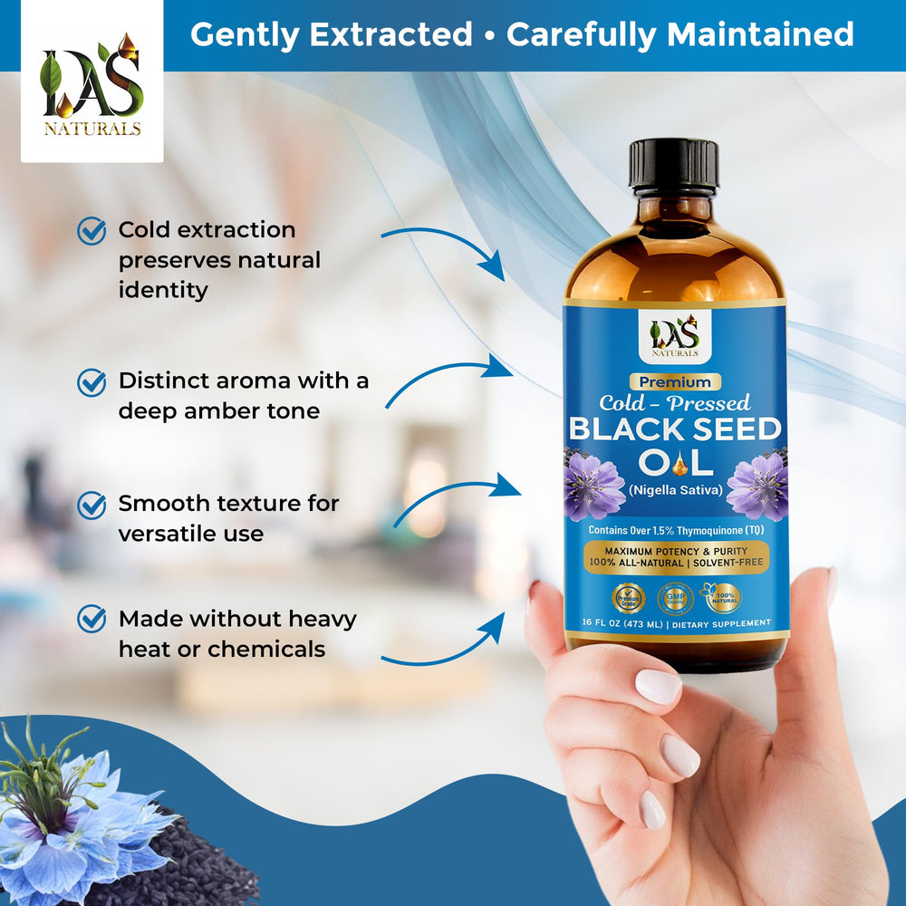 DAS NATURALS Black Seed Oil amber glass bottle—light protection preserves freshness.