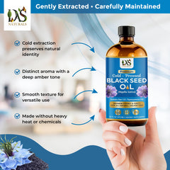 DAS NATURALS Black Seed Oil amber glass bottle—light protection preserves freshness.