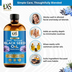 DAS NATURALS Black Seed Oil ingredients panel—free from additives or solvents.