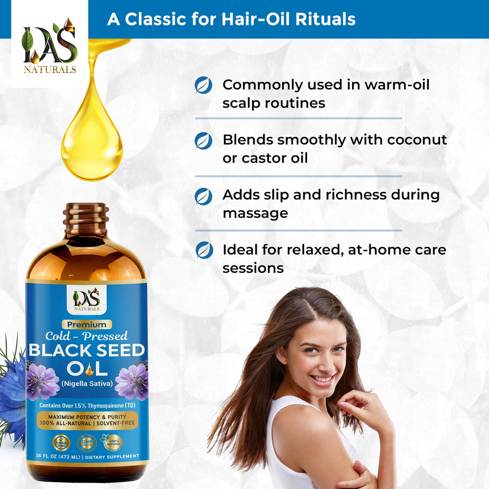 DAS NATURALS Black Seed Oil label close-up—clear purity information for shoppers.