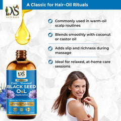 DAS NATURALS Black Seed Oil label close-up—clear purity information for shoppers.