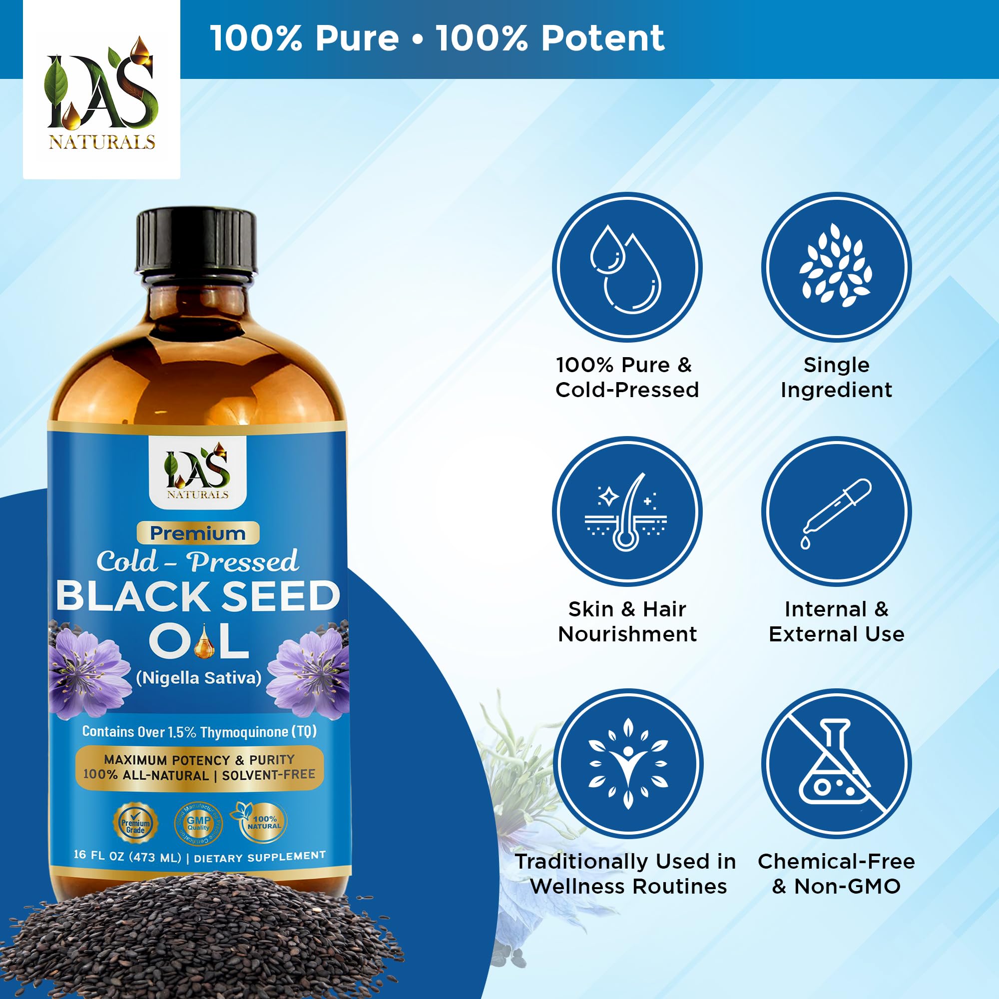 DAS NATURALS Black Seed Oil virgin unrefined—natural texture and aroma preserved.
