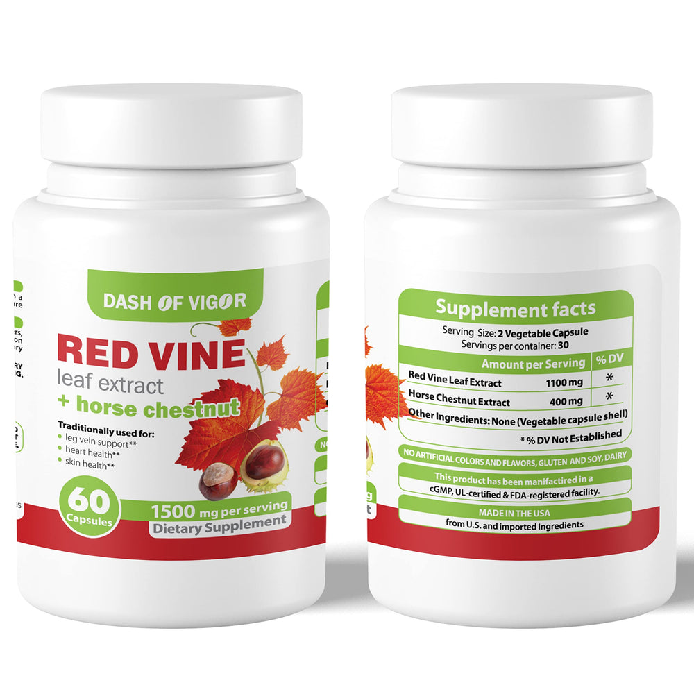 Dash of Vigor horse chestnut capsules bottle with red vine extract for leg comfort.