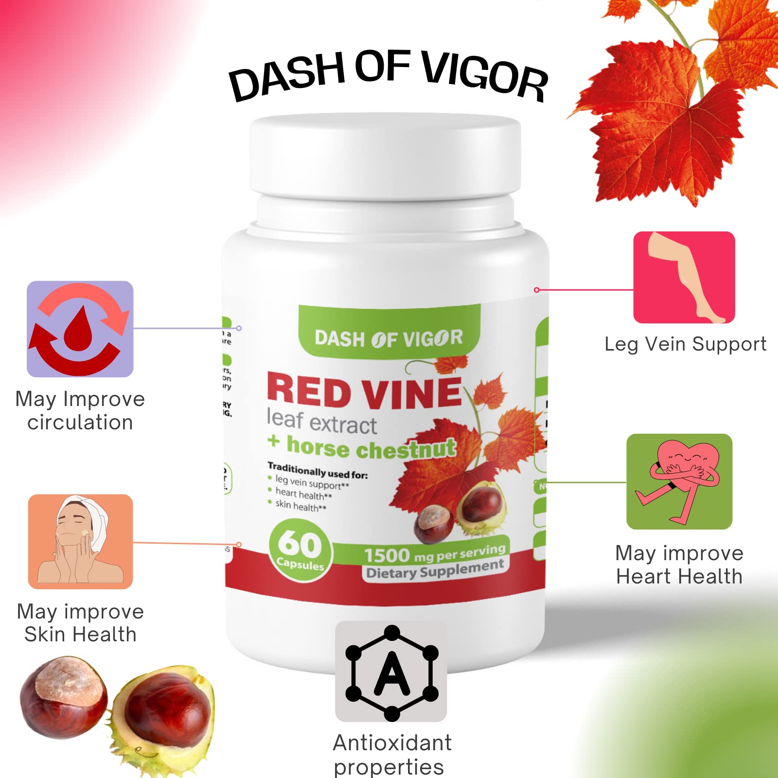 Dash of Vigor red vine extract label close-up highlighting 1500 mg daily formula.