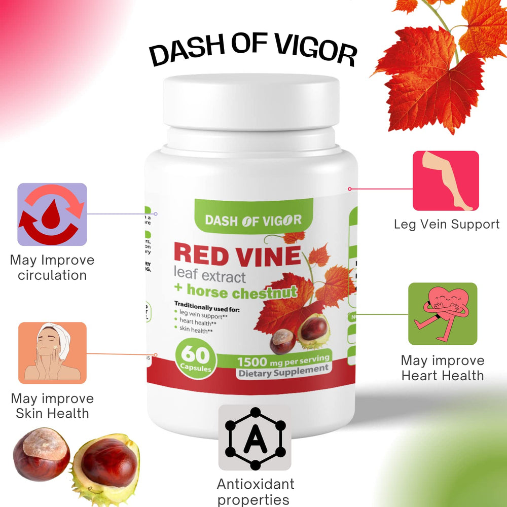 Dash of Vigor red vine extract label close-up highlighting 1500 mg daily formula.