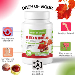 Dash of Vigor red vine extract label close-up highlighting 1500 mg daily formula.