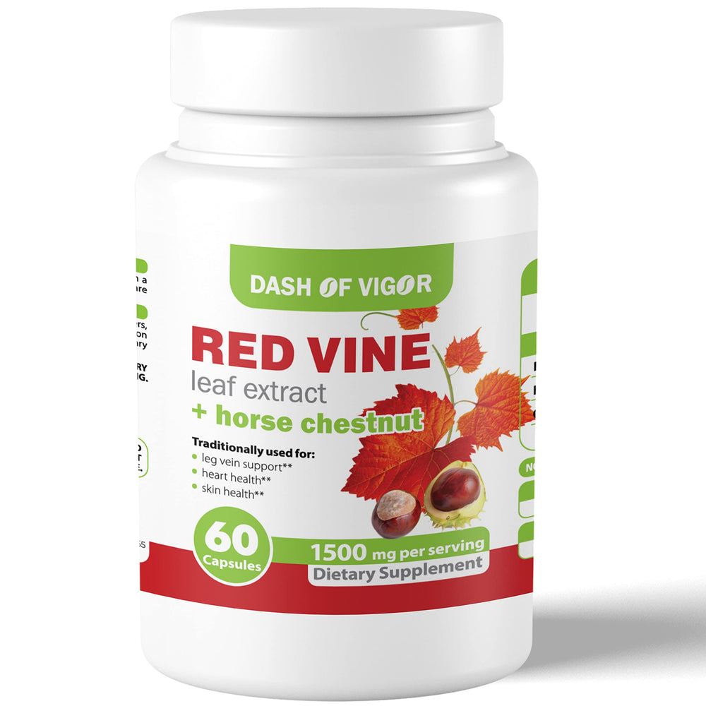 Dash of Vigor red vine leaf bottle close-up for skin support.