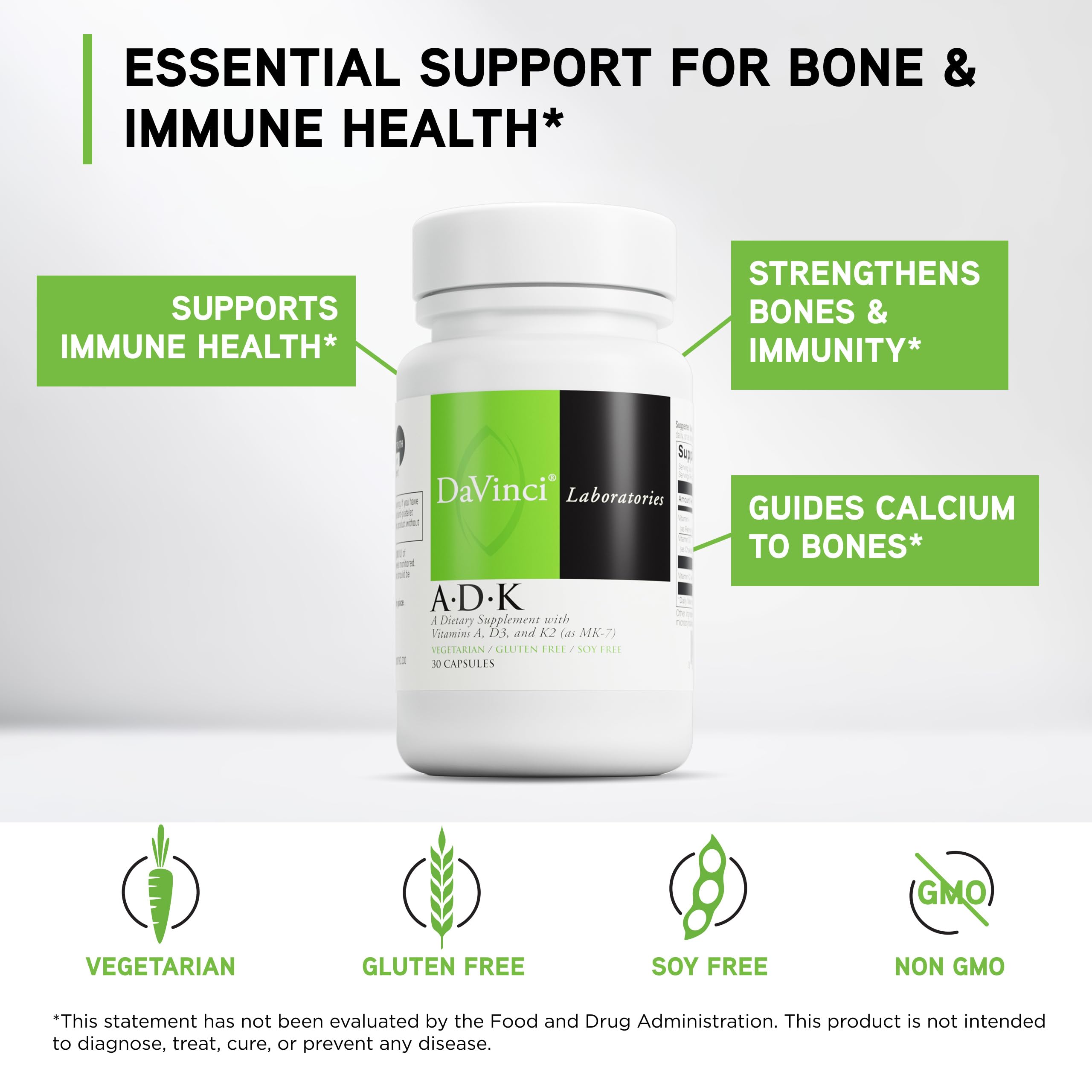 DaVinci ADK capsules close-up highlighting vegetarian formula