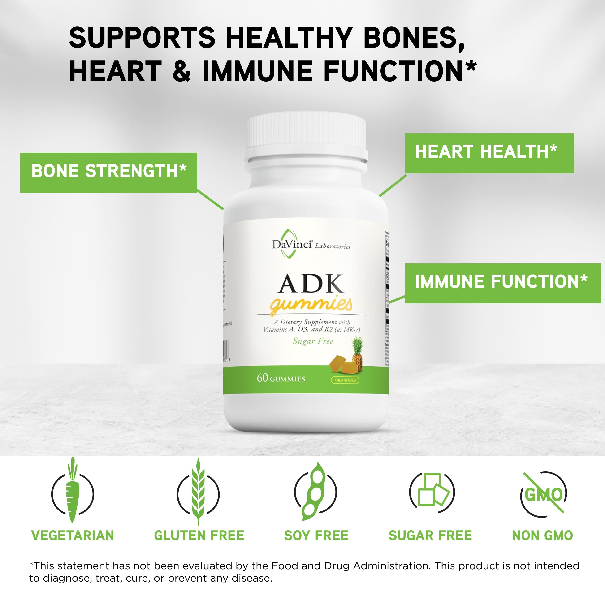 Davinci ADK Gummies vitamin D3 and MK-7 details for calcium metabolism.