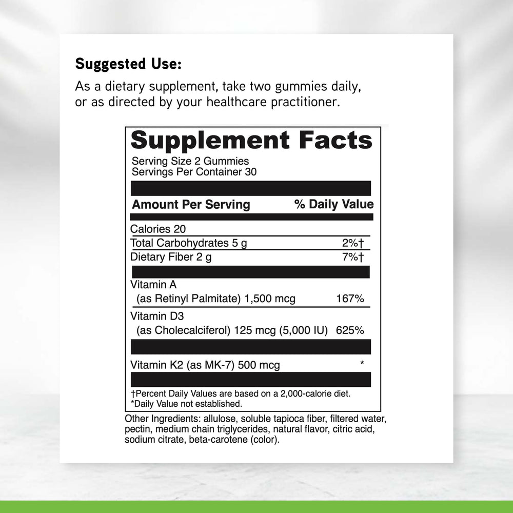 Davinci ADK Gummies nutrition facts panel for serving size.