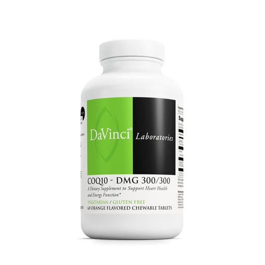 DAVINCI CoQ10 DMG orange chewable tablets in bottle, supporting energy production and heart health.