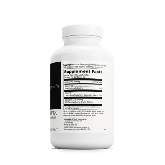 Closeup of orange-flavored CoQ10 DMG chewables showing chewy texture and vibrant color.