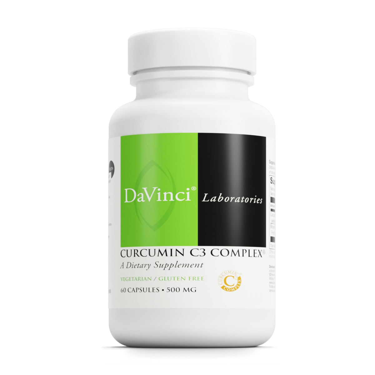 DAVINCI Curcumin C3 Complex bottle front highlighting gluten-free, liver-supporting formula