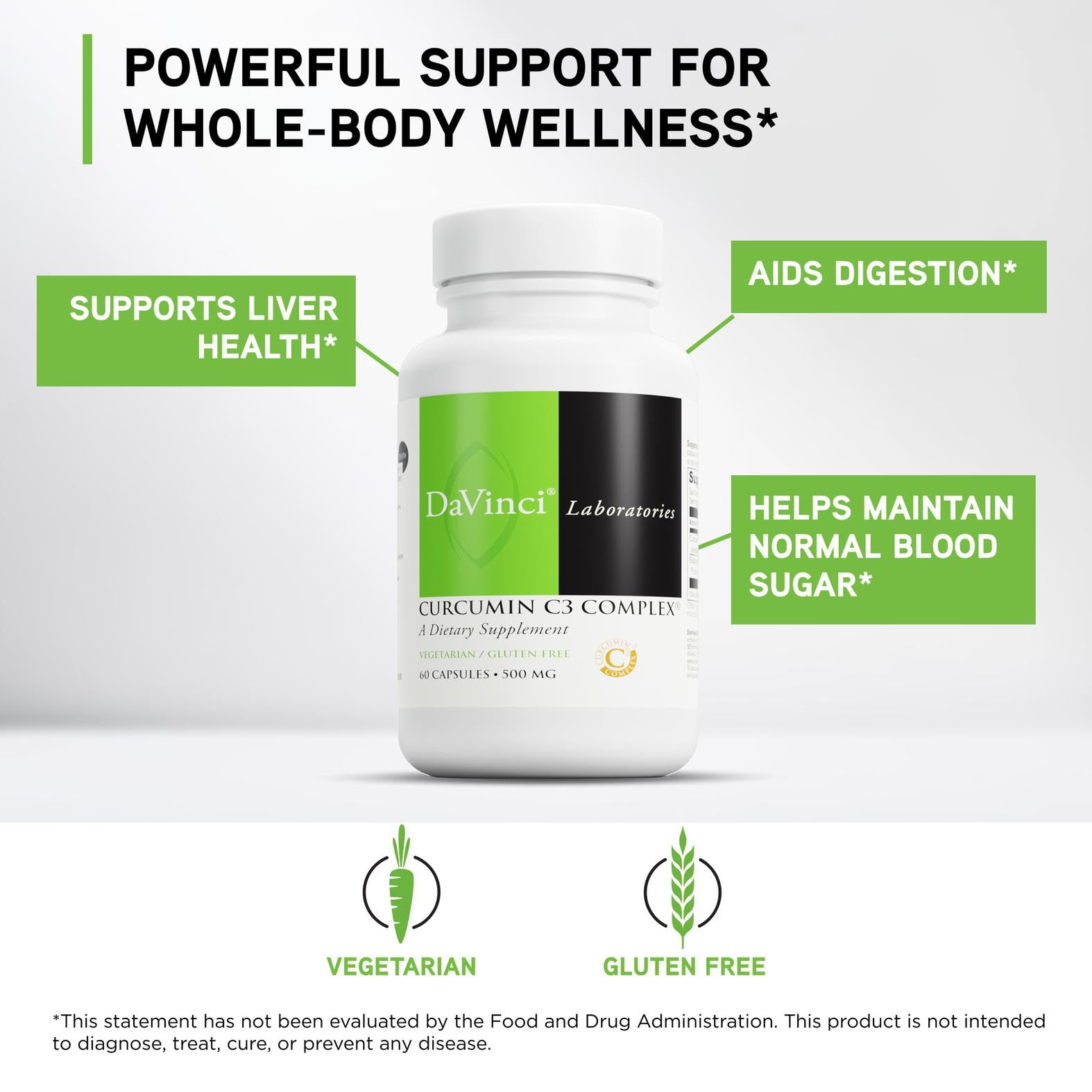 DAVINCI label detail shows curcumin with Bioperine for potential absorption