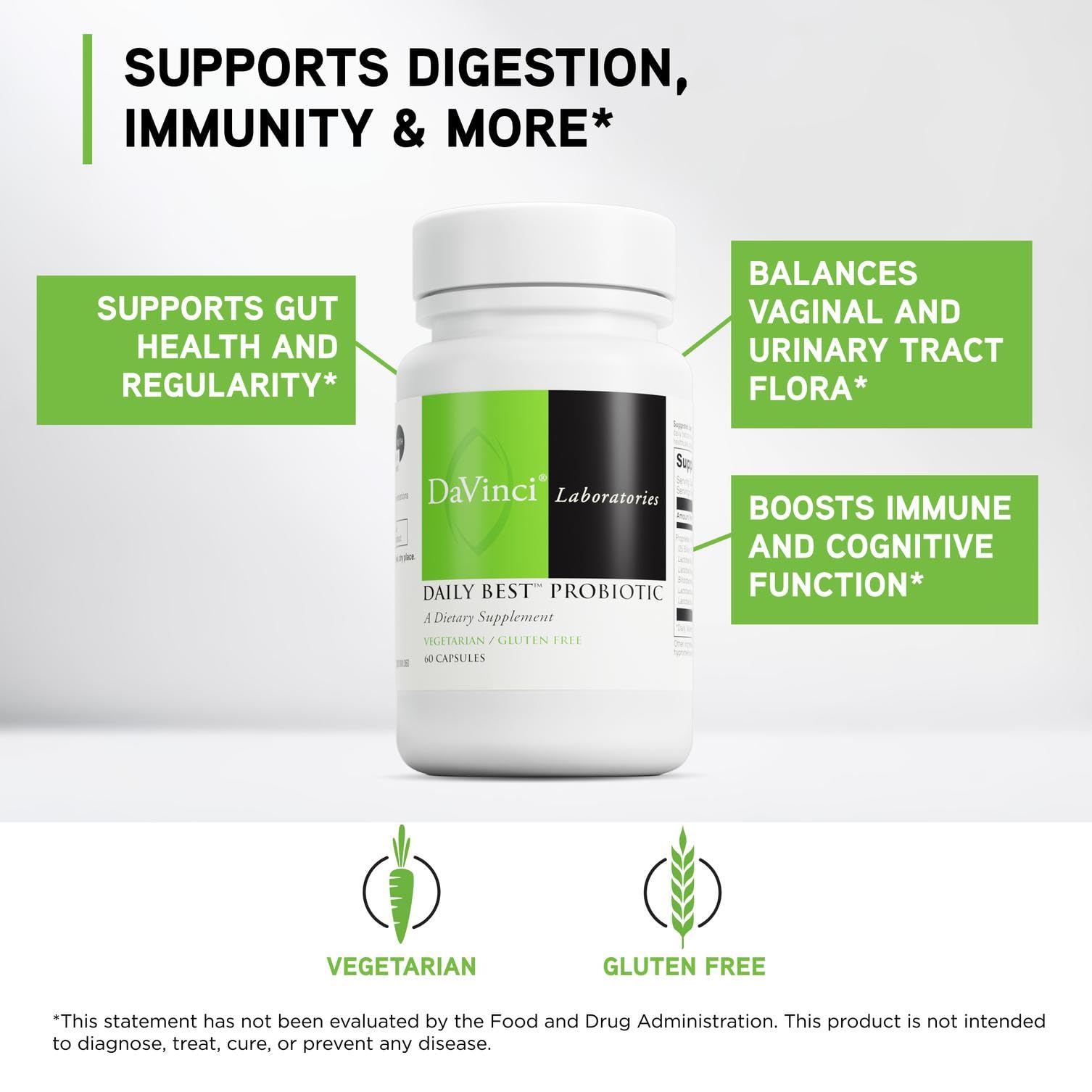 DAVINCI Daily Best Probiotic label shows vegetarian and gluten-free credentials and clear dosing.