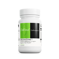DAVINCI Digenzyme bottle label shows gluten-free and soy-free formulation for digestion.