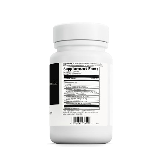 DAVINCI Digenzyme capsules on white surface emphasize a vegetarian enzyme supplement.
