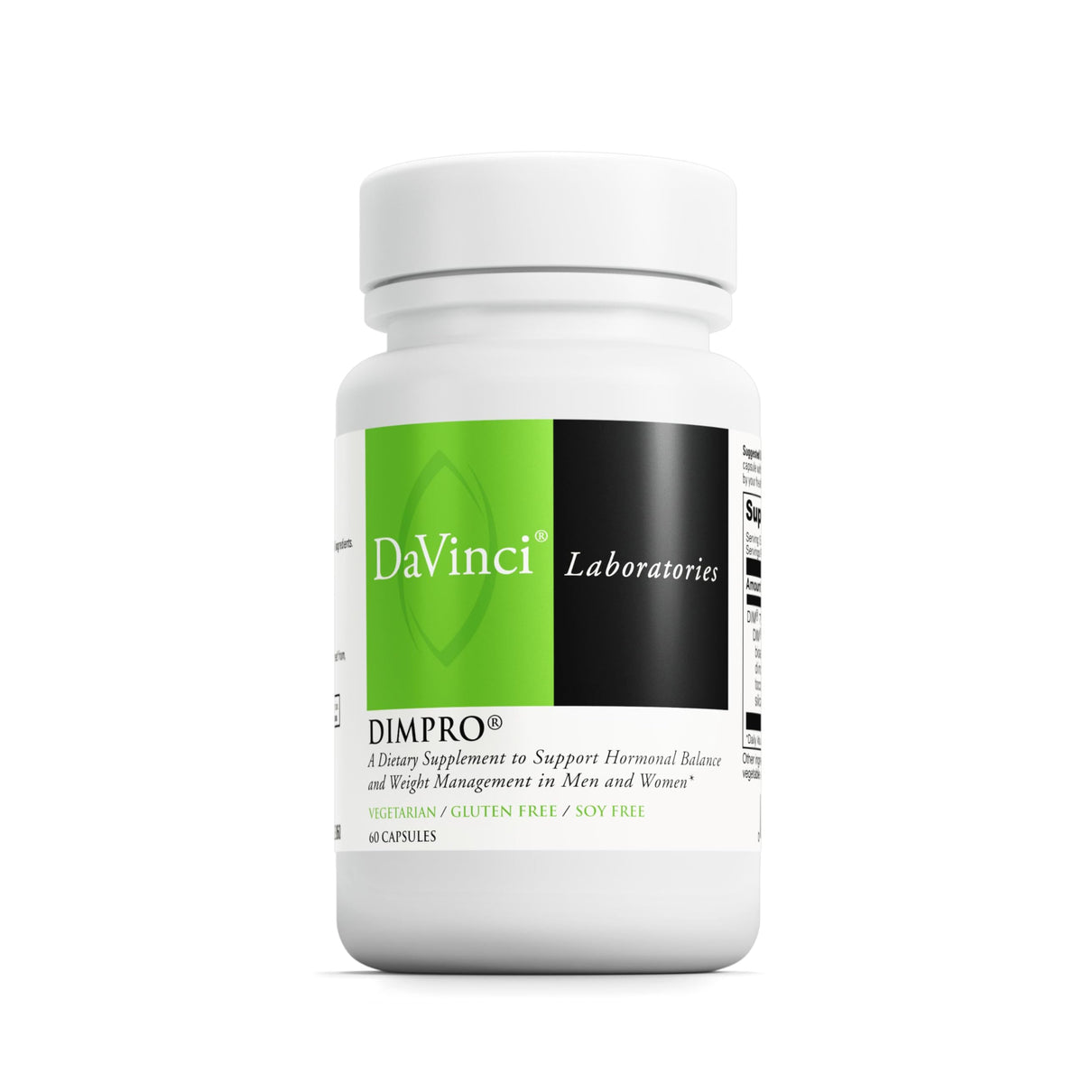 DAVINCI DIMPRO bottle front showing vegetarian, soy-free capsules for daily hormonal support.
